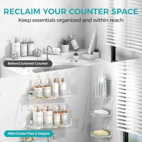 Clear Acrylic Shower Caddy Organizer Shelves, Adhesive Wall Storage 5-Pack