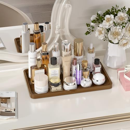 Weenson Bathroom Vanity Tray for Countertop Decor Perfume Makeup Toiletries Toilet Tank, Large Bamboo Kitchen Tray for Spice Salt, Serving Tray for Food Coffee, Nightstand Candle Brown 14.2”x8.3”