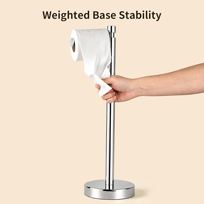 Toilet Paper Holder Stand with Weighted Base, Chrome | Stainless Steel Design with Open-Arm Access for Bathrooms and Powder Rooms