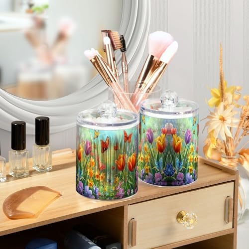 MNSRUU 2 Pack Qtip Holder Organizer Dispenser Easter Garden Tulips Daffodils Bathroom Storage Canister Cotton Ball Holder Bathroom Containers for Cotton Swabs/Pads/Floss