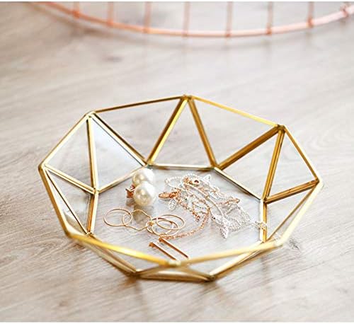 Octagonal Disc Vintage Gold Mirror Glass Vanity Tray,Ornate Geometric and Brass Plated Display Storage Organizer for Makeup Brushes/Lipstick/Skincare/Perfumes/Beauty Room/Bathroom Accessories