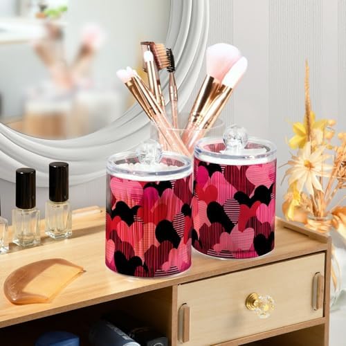 MNSRUU 2 Pack Qtip Holder Organizer Dispenser Hot Pink Hearts Bathroom Storage Canister Cotton Ball Holder Bathroom Containers for Cotton Swabs/Pads/Floss
