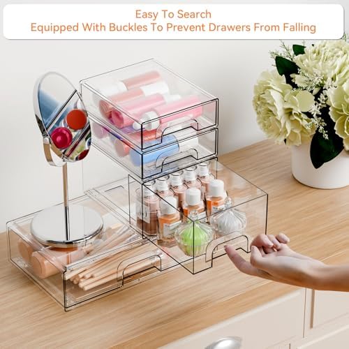 Yieach 4 Pack Clear Stackable Storage Drawers,Acrylic Drawer Organizer for Medicine,Palettes,Hair Accessories and Makeup Organizer,Plastic Drawers for Cabinet,Office,Desk,Bathroom Storage Containers