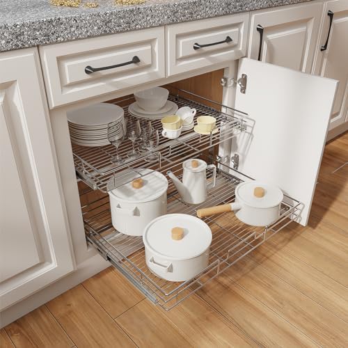 ROOMTEC Individual Pull Out Cabinet Organizer (25½"W x 21½"D), 2 Tier Spice Rack Organizer for Cabinet, Slide Out Drawer Pantry Shelf Organization and Storage for Kitchen Bathroom