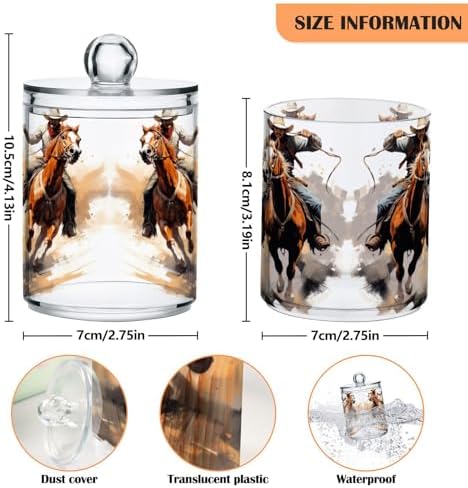 Western Cowboy Portrait Qtip Holder 2 Pack - 10 Oz Clear Plastic Apothecary Jar Set for Bathroom Organization - Versatile Canister Storage for Cotton Balls, Swabs, Rounds
