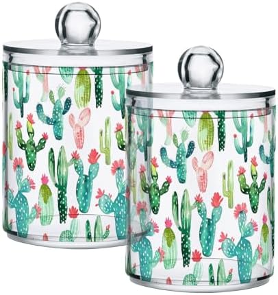 2 Pack Qtip Holder Organizer Dispenser Cactus on White Background Bathroom Storage Canister Cotton Ball Holder Container for Cotton Pads/Swabs/Floss