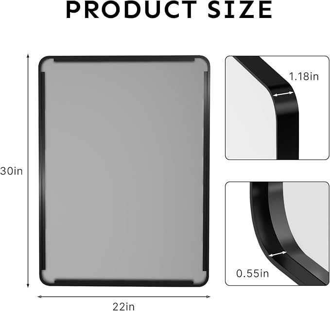 30"x22" Bathroom Vanity Mirror for Wall Aluminum Framed Farmhouse Rectangle | Anti-Rust, HD Reflection Anti-Desilvering, Distortion Free, Tempered and Shatter-Proof Wall Mounted Mirror, Black