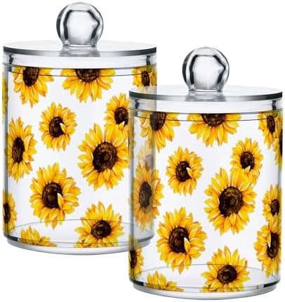 2 Pack Plastic Qtips Holder Sunflower Bathroom Organizer Canisters for Cotton Balls/Swabs/Pads/Floss,Plastic Apothecary Jars for Vanity