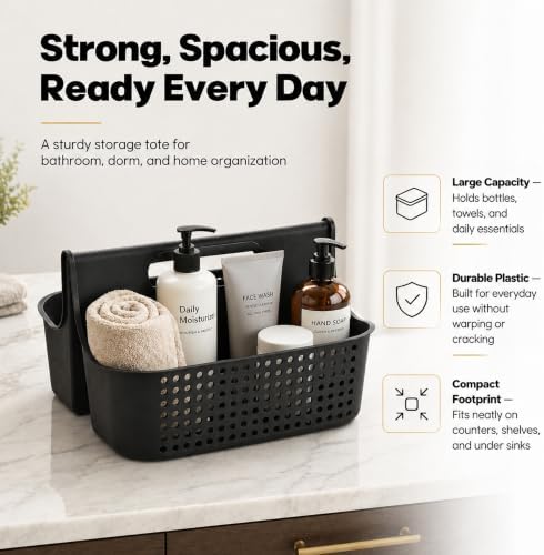Haundry Portable Shower Caddy Basket, 2 Compartments Plastic Cleaning Caddy Organizer, Large Storage Tote with Handle for Bathroom, College, Dorm Room Essentials, Black