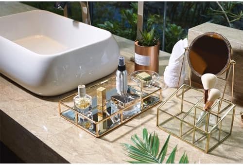 PuTwo Tray Mirror Gold Dresser Ornate Metal Decorative Jewelry Organizer