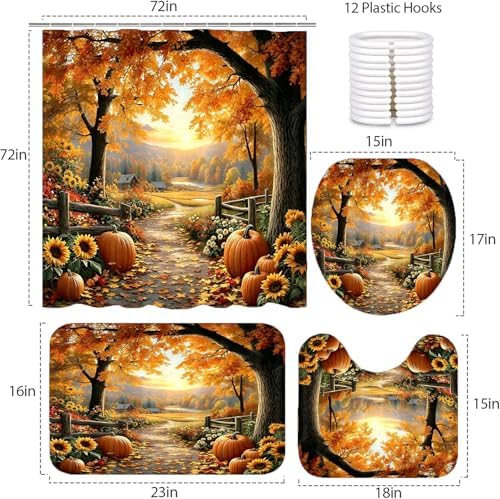 NBVKO Fall Thanksgiving Day Shower Curtain Sets，Autumn Pumpkin Sunflower Bathroom Shower Curtain with Non-Slip Rug Toilet Lid Cover Bath Mat 12 Hooks，Maple Forest Bathroom Decor Set
