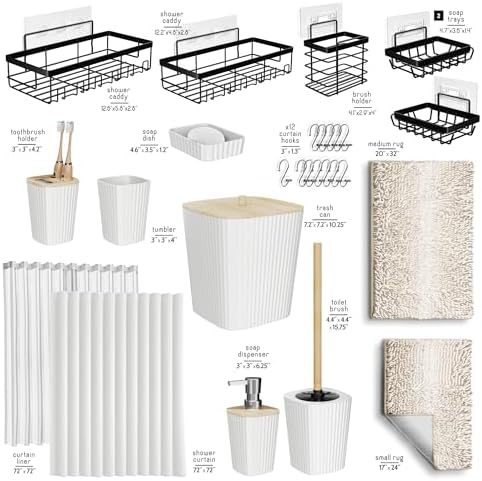 Clara Clark Bathroom Accessories Set - 27PC Bathroom Set with Adhesive Corner Shower Caddy Hanging, Bathroom Sets with Shower Curtain and Rugs, Ombre White Shower Curtain Set with Bathroom Trash Can