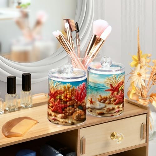 2 Pack Qtip Holder Organizer Dispenser Starfish Coral Seashell Summer Beach Bathroom Storage Canister Cotton Ball Holder Container for Cotton Pads/Swabs/Floss