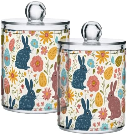 Easter Rabbits and Flowers Qtip Holder Dispenser Set of 2, Clear Apothecary Plastic Jars Bathroom Makeup Organizer for Cotton Ball, Cotton Swab, Cotton Round Pads, Floss 10 Oz