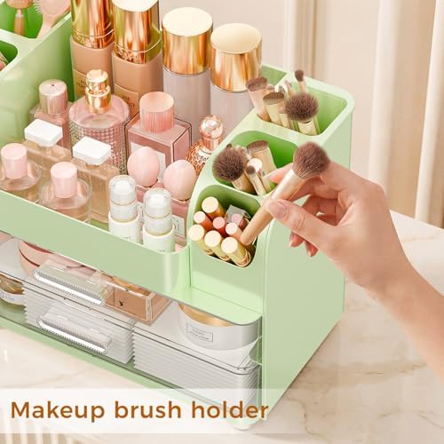 Makeup Organizer for Vanity with Brush Holder, Large Bathroom Countertop Organizer & Skincare Storage | Perfume, Cosmetics Display Case with Drawers (Green)