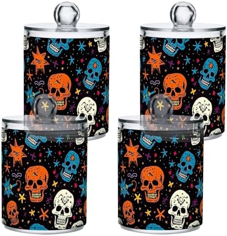 4 Pack Colorful Skulls with Stars Qtip Dispenser 10 Oz Apothecary Jars with Lids Bathroom Canister for Cotton Ball, Swab, Floss, Makeup Sponges, Hair Clip