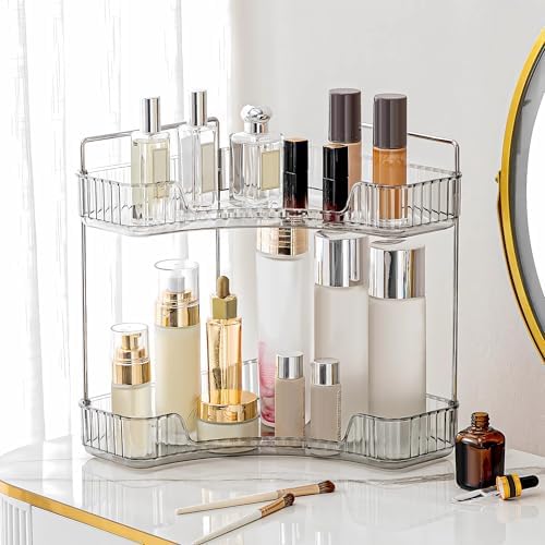 2 Tier Corner Bathroom Counter Organizer Bathroom Countertop Shelf Makeup Organizer for Vanity Perfume Tray for Corner Storage (Grey)