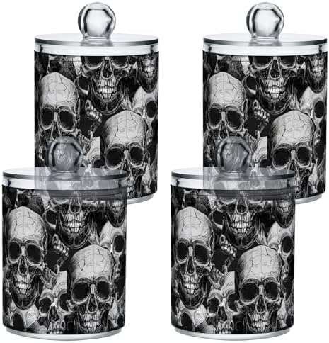 MNSRUU 2 Pack Qtip Holder Organizer Dispenser Black Goth Skull Bathroom Storage Canister Cotton Ball Holder Bathroom Containers for Cotton Swabs/Pads/Floss