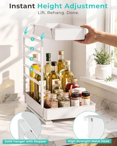 EVERIE Metal Pull Out Slide Shelf Organizer for Framed or Frameless Under Sink CabinetsOrganization in Kitchen, Bathroom, Counter, Cabinets (White, 1 Set)