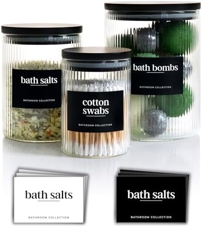 Mason & Fable 3x Ribbed Glass Bathroom Jars with Airtight Black Bamboo Lids | Cotton Pad/Buds/Q tip Holder | Bath Salt/Small Makeup/Apothecary Storage Canister- 10, 20 & 40 fl.oz