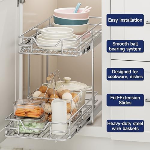 2-Tier Pull Out Cabinet Organizer, 10.5" W x 21.5" D, Heavy Duty Dual Slide Out Shelves for Narrow Base Cabinets, Chrome Wire Basket Drawer for Spices, Bottles & Snacks