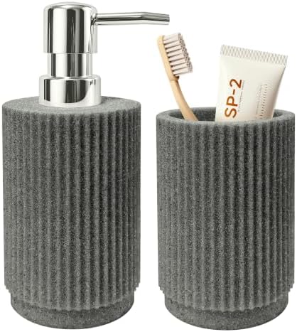 2Pcs Gray Bathroom Set, Striped Resin Soap & Toothbrush Holder, Boho