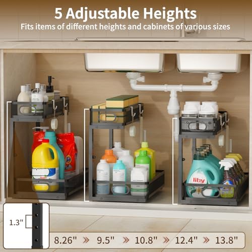 Under Sink Organizer 1 Pack, 2-Tier Slide Out Cabinet Organizer with Metal Sliding Drawer and Hooks, Pull Out Storage Baskets for Kitchen Bathroom Pantry Cabinet Organization (Black (1 pack))