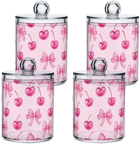 Gredecor 2 Pack Qtip Holder Clear Cherry Red Bows Apothecary Jars with Lids Acrylic Bathroom Jars Vanity Countertop Canister Storage Organizer for Cotton Ball,Swabs,Pads,Floss