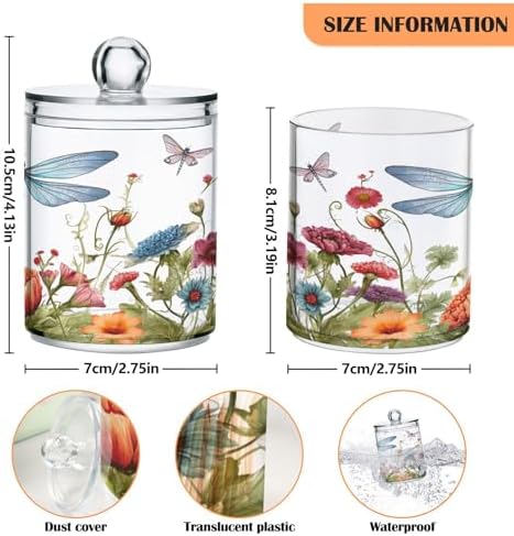 4 Pack Qtip Holder Dispenser With Lids, Dragonfly Flowers Floral Plastic Storage Containers, Bathroom Canisters Organizer for Cotton Ball, Swab, Round Pads, Floss 21214449
