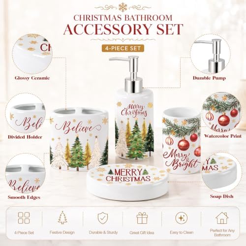 4 Pcs Christmas Ceramic Bathroom Accessories Gifts Xmas Tree Bath Tumbler Soap Dispenser Toothbrush Holder Soap Tray Merry Xmas Bathroom Decorations (White Merry Christmas)