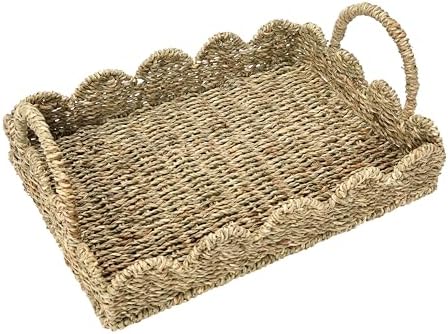Household Essentials Seagrass Decorative Tray with Scalloped Edge, Handwoven Natural Wicker Organizer Basket with Handles & Iron Frame for Coffee Tables, Bathrooms & Countertops