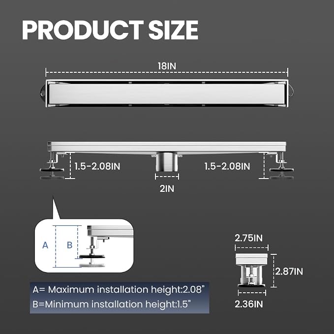 Linear Shower Drain 18 Inch, Shower Drain with 2-in-1 Tile Insert Panel, Brushed AISI 304 Stainless Steel Linear Drain for Fast Drainage, Floor Drain for Bathroom, Kitchen, Garage & More