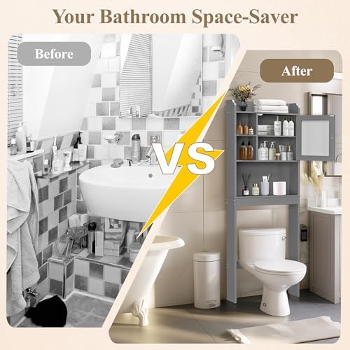 ZENY Over The Toilet Storage Cabinet, Bathroom Organizer with Adjustable Shelf and Double Doors, Freestanding Bathroom Space Saver Toilet Rack (Gray)
