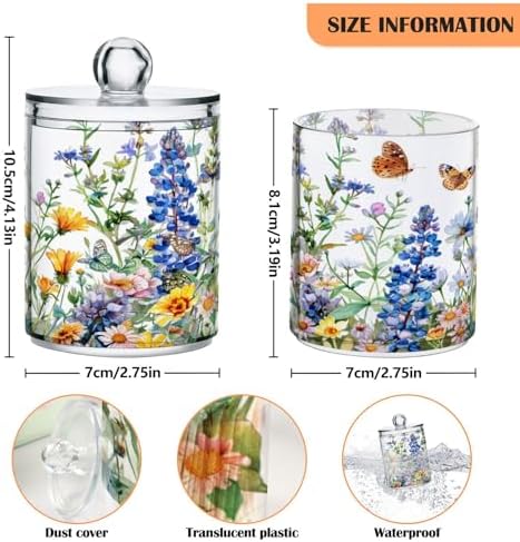 senya Clear Plastic Jars Cotton Swabs Cans, Watercolor Wildflowers Spring Bathroom Canisters Storage Organizer with Lids 2PCs Set for Cotton Ball, Cotton Swab, flossers, Hair Bands
