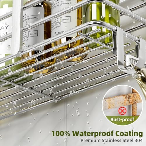 Yougai Shower Caddy, Shower Organizer with Soap Holder and Hooks, Rustproof Shower Shelves, No Drilling Bathroom Organizers and Storage, Wall-Mounted Kitchen & Home Decor (Silver)