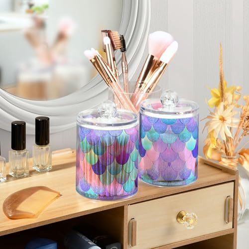 MNSRUU 2 Pack Qtip Holder Organizer Dispenser Pink Blue Mermaid Scales Bathroom Storage Canister Cotton Ball Holder Bathroom Containers for Cotton Swabs/Pads/Floss