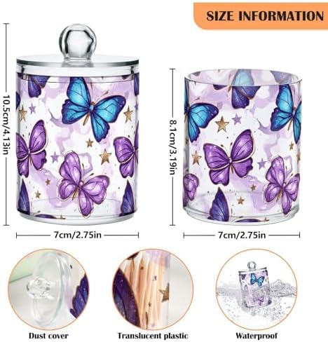 Gredecor 4 Pack Qtip Holder Clear Purple Butterflies (1) Apothecary Jars with Lids Acrylic Bathroom Jars Vanity Countertop Canister Storage Organizer for Cotton Ball,Swabs,Pads,Floss