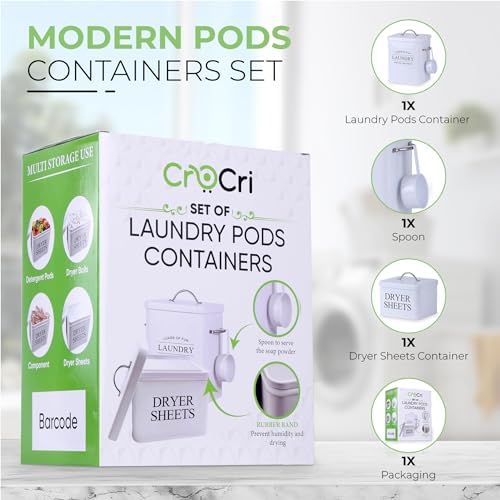Metal Laundry Detergent Container Set for Powder, Pods and Dryer Sheets, 2 Galvanized Canisters with Scoop, Airtight Silicone Gasket Lids, 10 lb Capacity, White