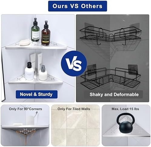 12" Corner Shower Shelf, 1-Pack Shower Shelves SUS304 Stainless Steel Bathroom Shelves for Tile Walls, Recessed Corner Shelf Organizer Rack, No Drilling (Brushed)
