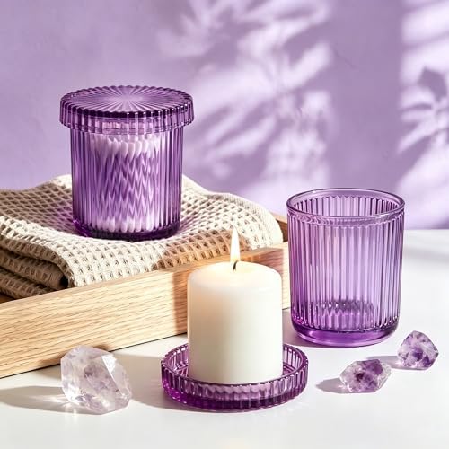 2 Pack Glass Qtip Holder Dispenser Set - Bathroom Organizer for Cotton Swabs, Balls, Pads, Floss Picks - Clear Apothecary Jars for Vanity, Makeup Storage, Bathroom Accessories Decor (Purple)