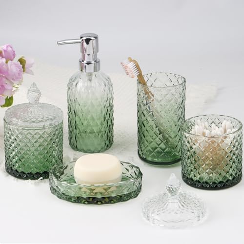 5Pcs Glass Bathroom Accessories Set,Green Vintage Bathroom Accessory Set