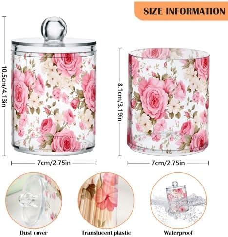 Pink Roses Qtip Holder Dispenser 2 Pack Clear Apothecary Plastic Jars Bathroom Counter Organizer for Cotton Pads, Cotton Ball, Cotton Swabs, Floss Picks 10 Oz