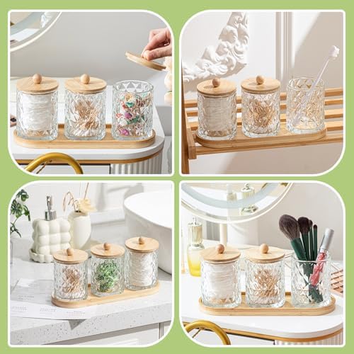 3 Pcs 16oz Glass Apothecary Jars with Lids, Cotton Swab Storage, Wood