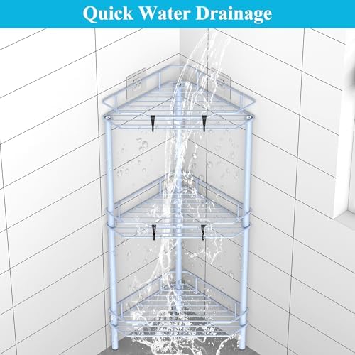 HuggieGems Metal Floor Standing Corner Shower Caddy, Blue, 3 Tier