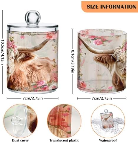 ALAZA 2 Pack Qtip Holder Highland Cow Pink Flower, Cotton Swab Dispenser with Lid Bathroom Containers Canister Organizer Storage Jar