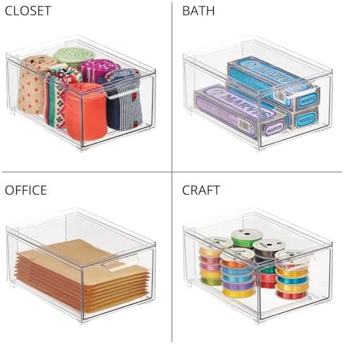 mDesign Stackable Storage Containers Box with Pull-Out Drawer - Stacking Plastic Drawers Bins for Kitchen Pantry and Cupboard, Cabinet, Counter, Island and Tables - Lumiere Collection - 2 Pack - Clear