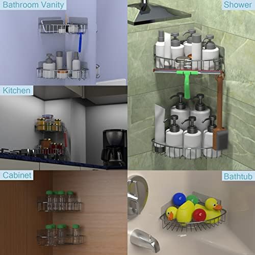 Shower Shelf for inside Shower, Shower Shelf Corner, Shower Corner Caddy, Adhesive Shower Caddy, Shower Wall Caddy, Stainless Steel Shower Caddy Suction No Drill 2 Pack Silver
