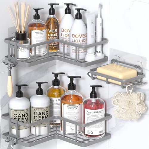 YASONIC Corner Shower Caddy Adhesive, 100% Rustproof Shower Organizer with Soap Holder, No Drill Shower Shelf for Inside Shower, Wall-Mounted Shower Storage for Homes (3 Pack, Grey)