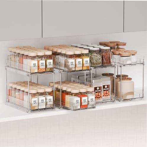 Yieach 4 Pack 2 Tier Vertical Spice Rack Pull Out,10.4'' Deep Narrow Slide Out Spice Rack Organizer for Inside Cabinets,Kitchen,Pantry,Cupboard Seasoning,Can,Jar Organizer and Medicine Cabinet Storage
