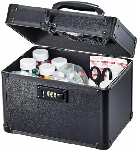 Lockable Security Storage Box - Shiny Black Safe Combination Lock Box, Cabinet Med Organizer, 10 x 7 x 7.9 Inches Safe Case for Documents, Valuables, Medicine & Money